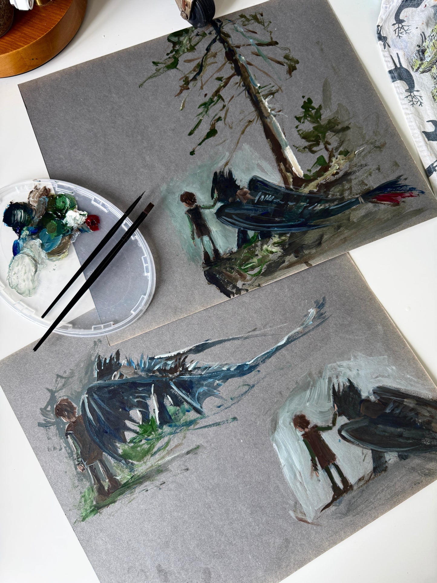 Dragon & His Best Friend - study No.7, acrylic on paper