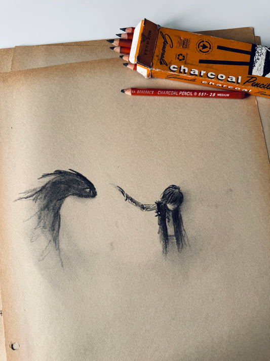 Dragon & His Best Friend, study No.2 , charcoal on paper