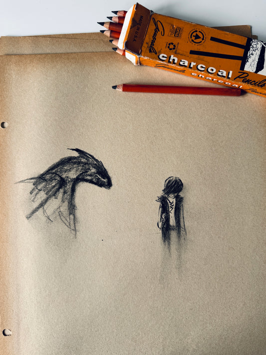 Dragon & His Best Friend, study No.1, charcoal on paper