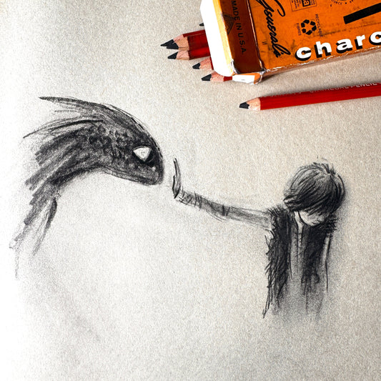 Dragon & His Best Friend, study No.3 , charcoal on paper