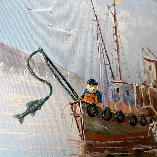 My Little Brick Fisherman, original upcycled vintage painting