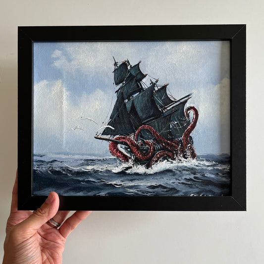 The Kraken Vs Ship, upcycled vintage painting