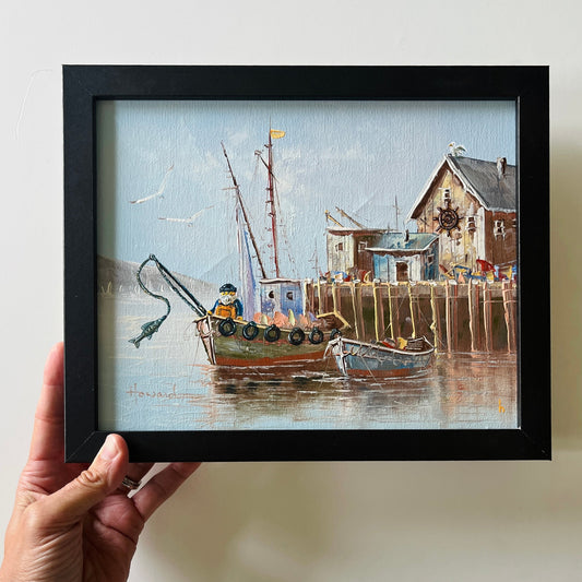 My Little Brick Fisherman, original upcycled vintage painting