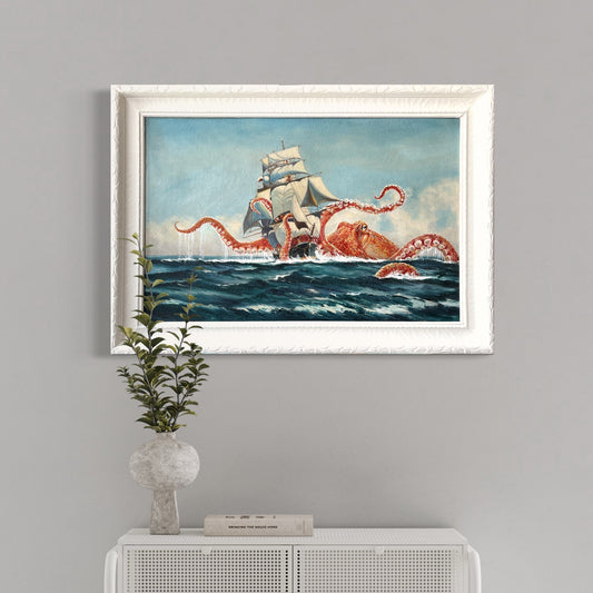 Octopus Vs The Harris, upcycled vintage painting