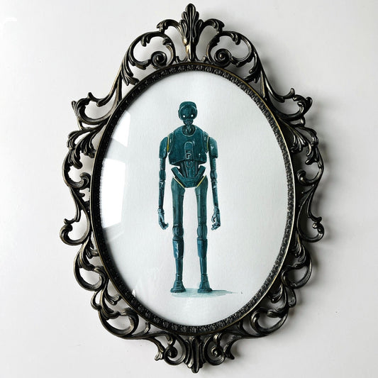 Portrait of a Droid : K-2SO, watercolour painting in vintage domed glass metal frame