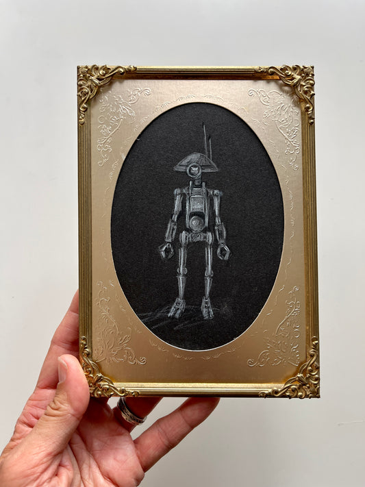 Portrait of a Droid : D-um Droid, pencil drawing on antique paper, in vintage frame