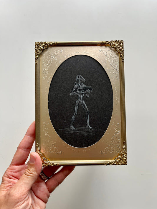 Portrait of a Droid : RO-GR Droid, pencil drawing on antique paper, in vintage frame