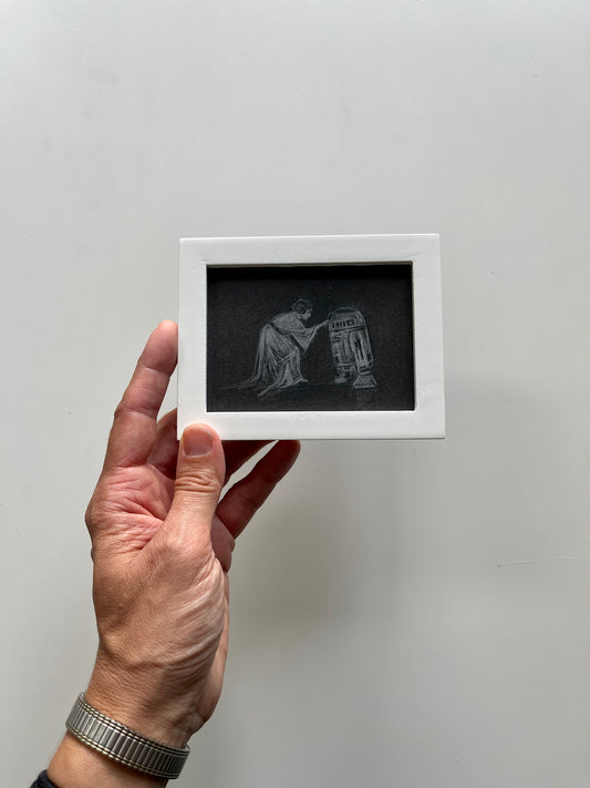 Portrait of a Droid : Leia & R2-D2, pencil drawing on antique paper, in vintage frame