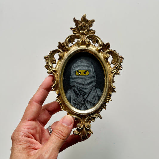 Portrait of a Droid : Nindroid, pencil drawing on antique paper, in vintage frame