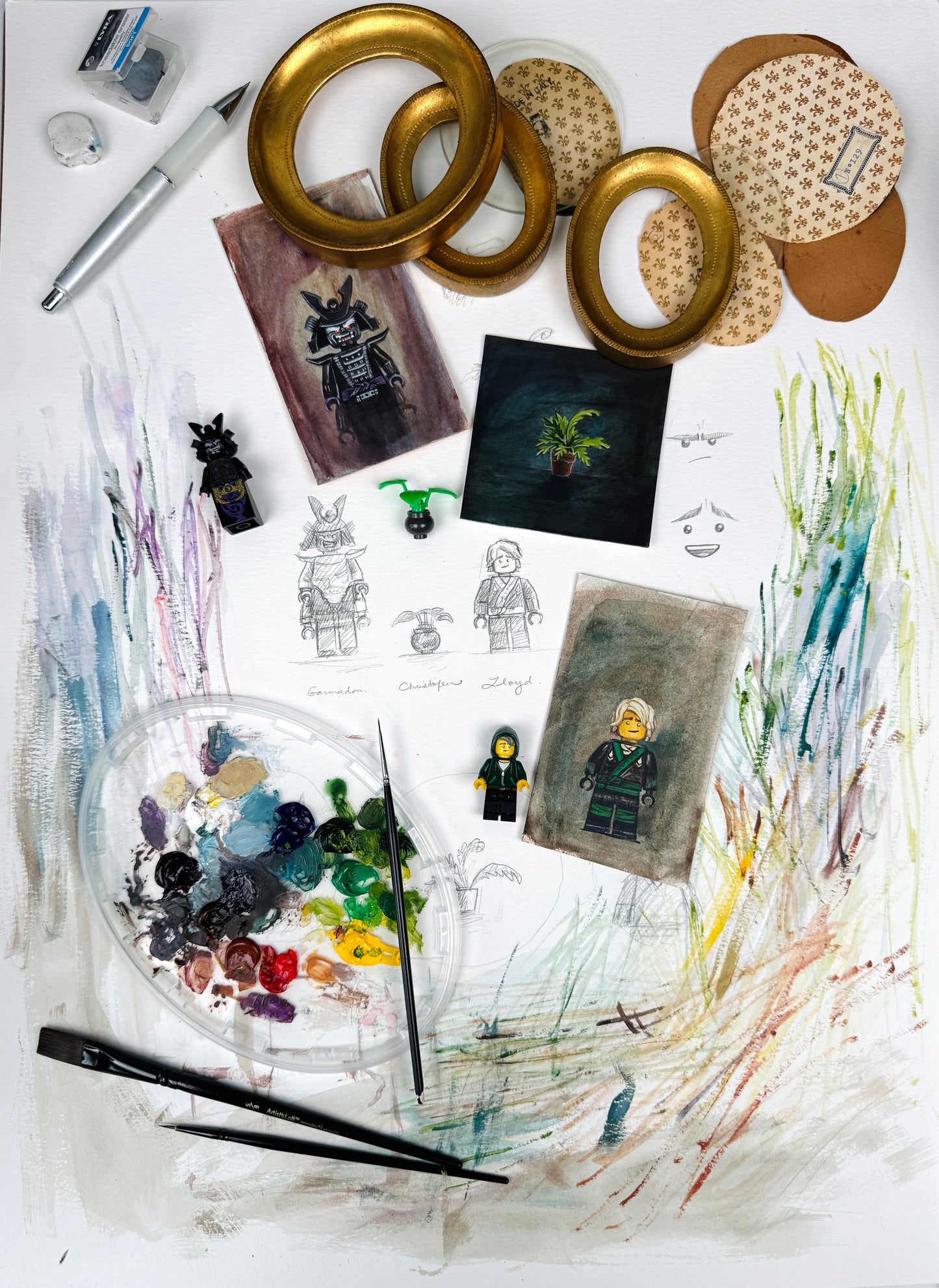 Garmadon Family Portraits, original upcycled vintage paintings (set of three)