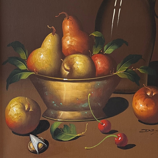 Still Life with Combadge, original upcycled vintage painting