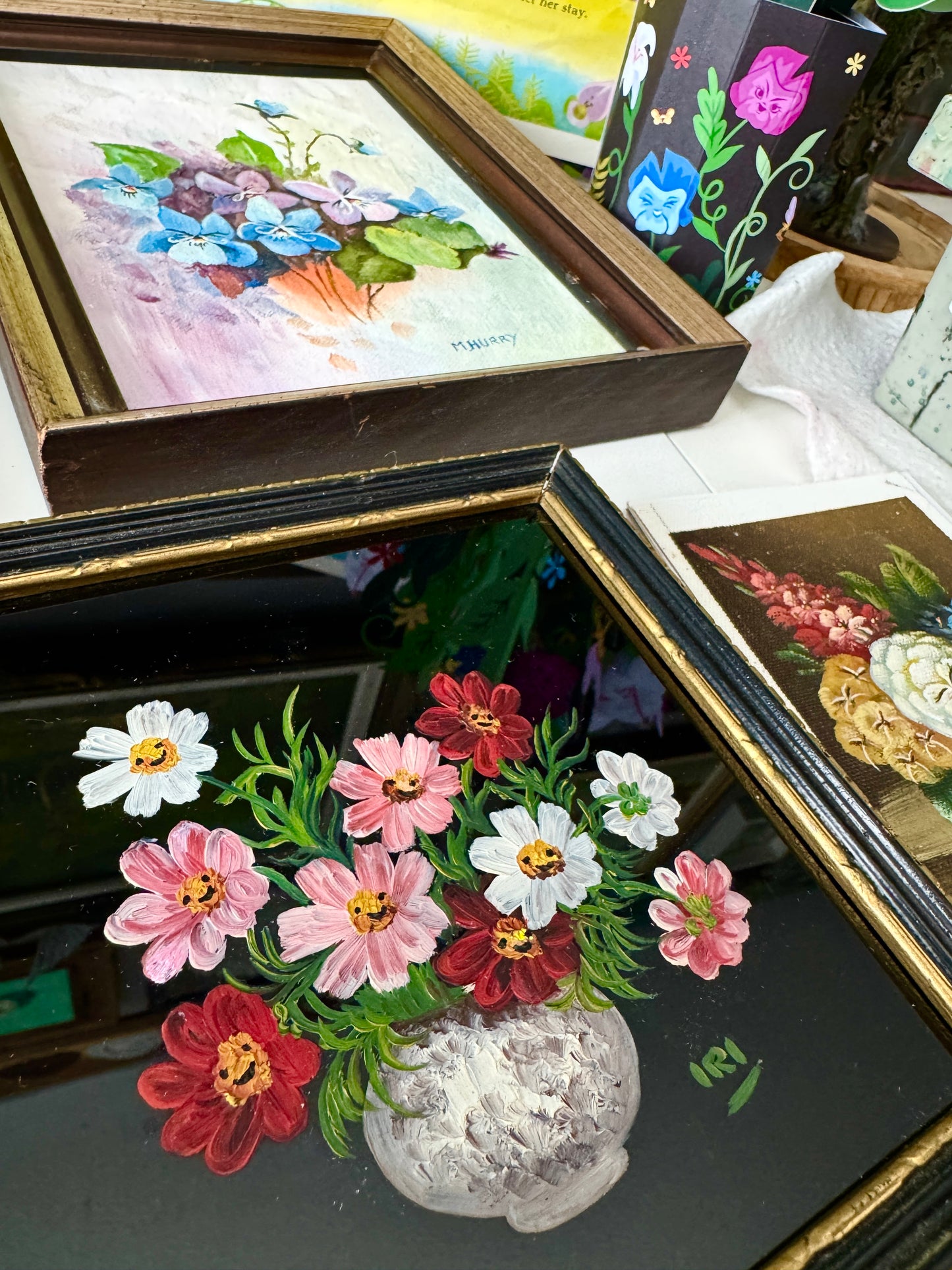 Alice's Flowers : Cheeky Bunch, original upcycled vintage painting
