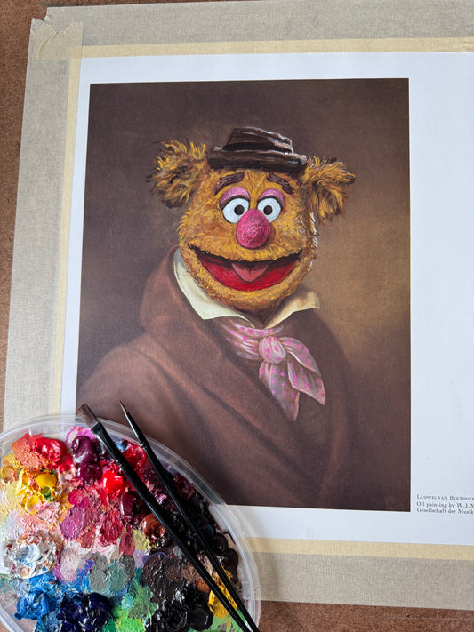 Comedic Genius Portrait, original upcycled vintage art