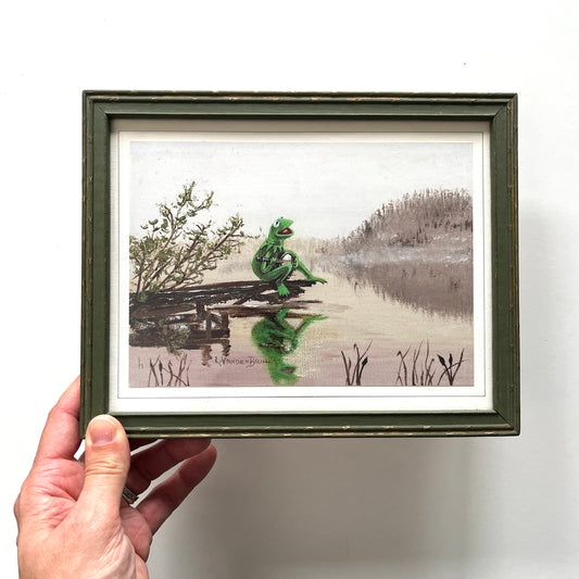 Frog on a Log in a Bog - PRINT in Vintage Green Frame, Wood