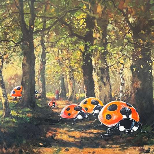 Ladybug Walk, upcycled vintage painting