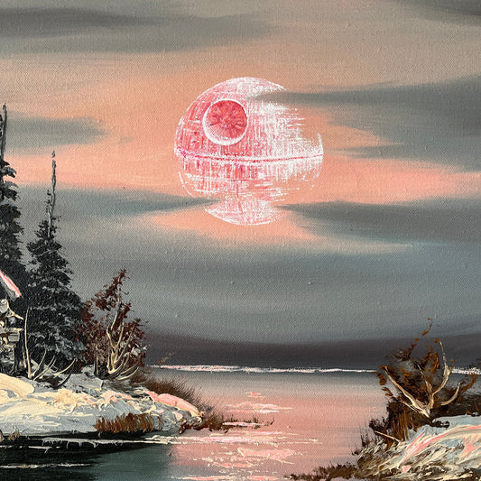 Pink Death Star Moon - upcycled vintage painting
