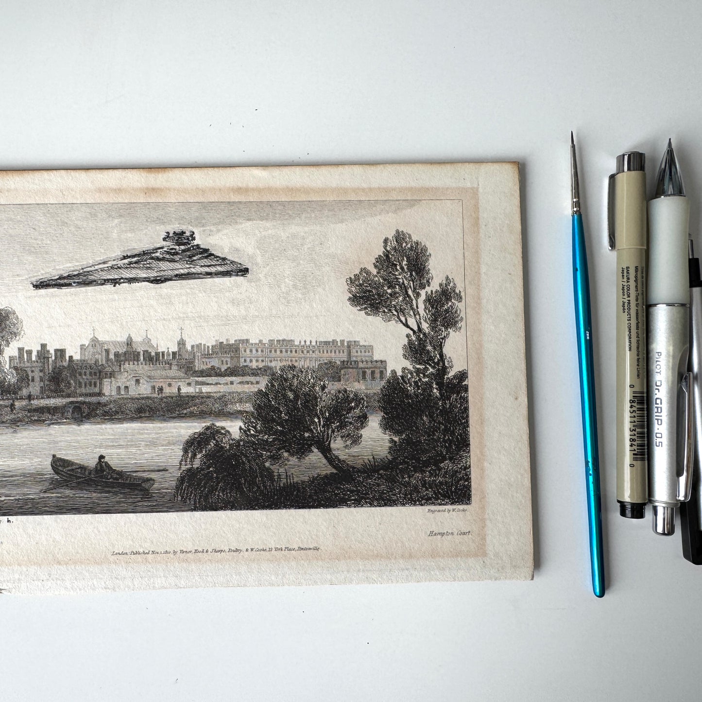 Stationed Over Hampton Court - original upcycled vintage etching