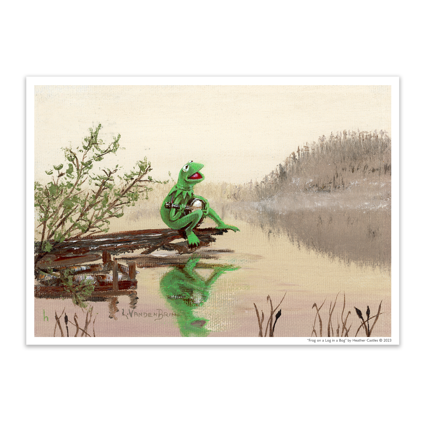 Frog on a Log in a Bog - PRINT in Vintage Green Frame, Wood