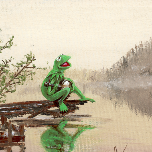 Frog On A Log in a Bog, upcycled vintage painting