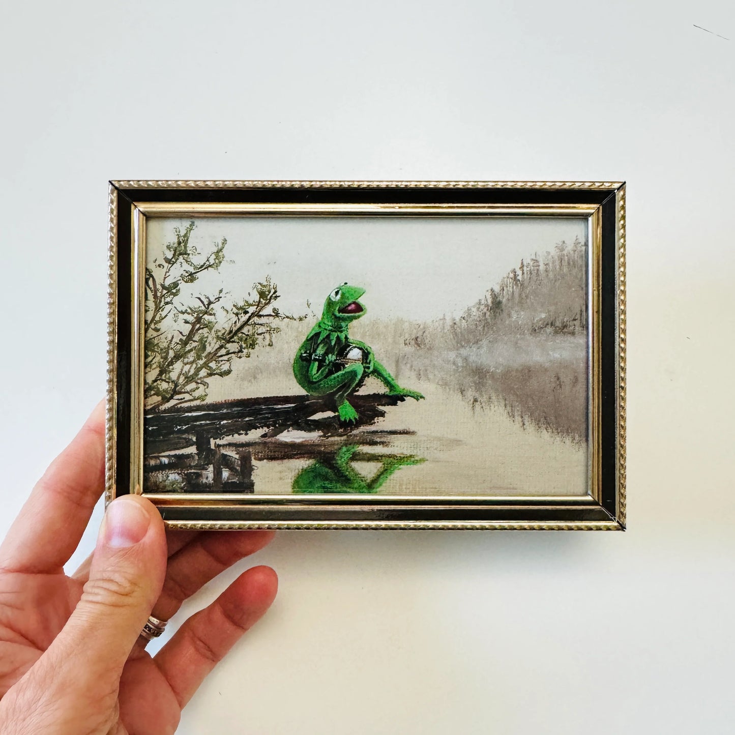 Frog on a Log - PRINT 5x7 vintage brass frame OOAK Show