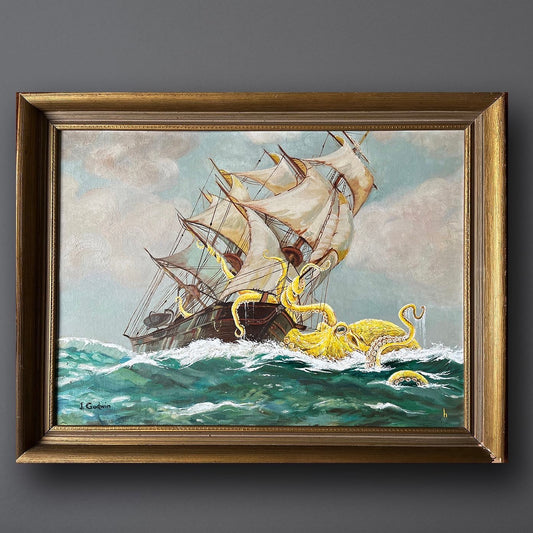 Octopus Vs Ship : Old Yeller, upcycled vintage painting