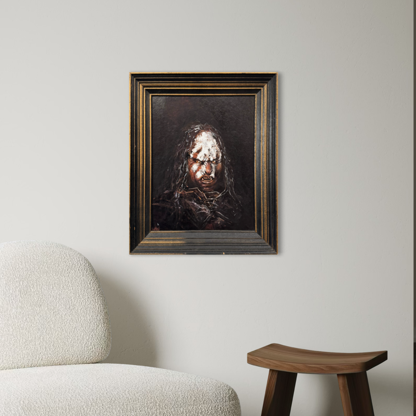 Portrait of Uruk-hai fighter, original upcycled vintage painting