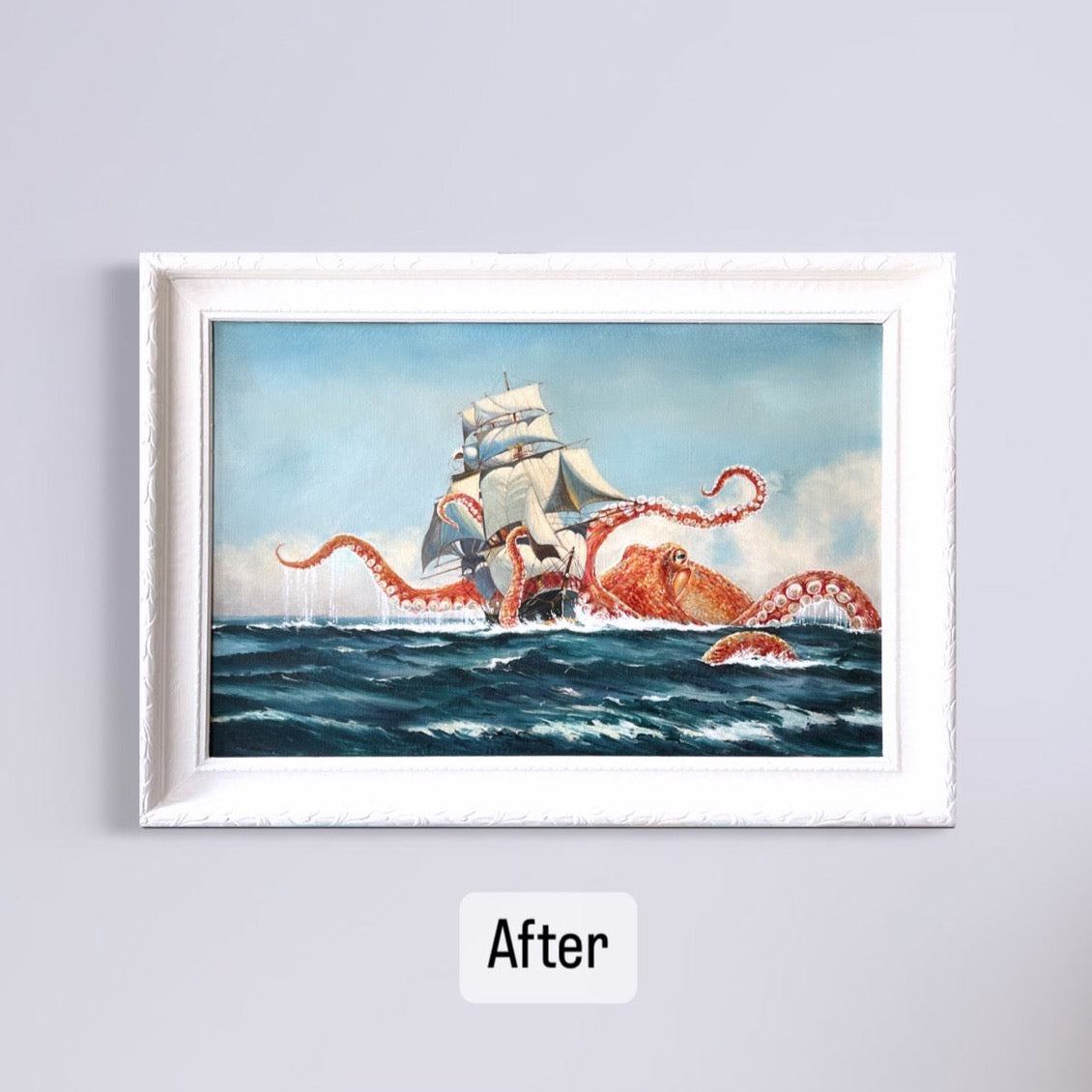 Octopus Vs The Harris, upcycled vintage painting