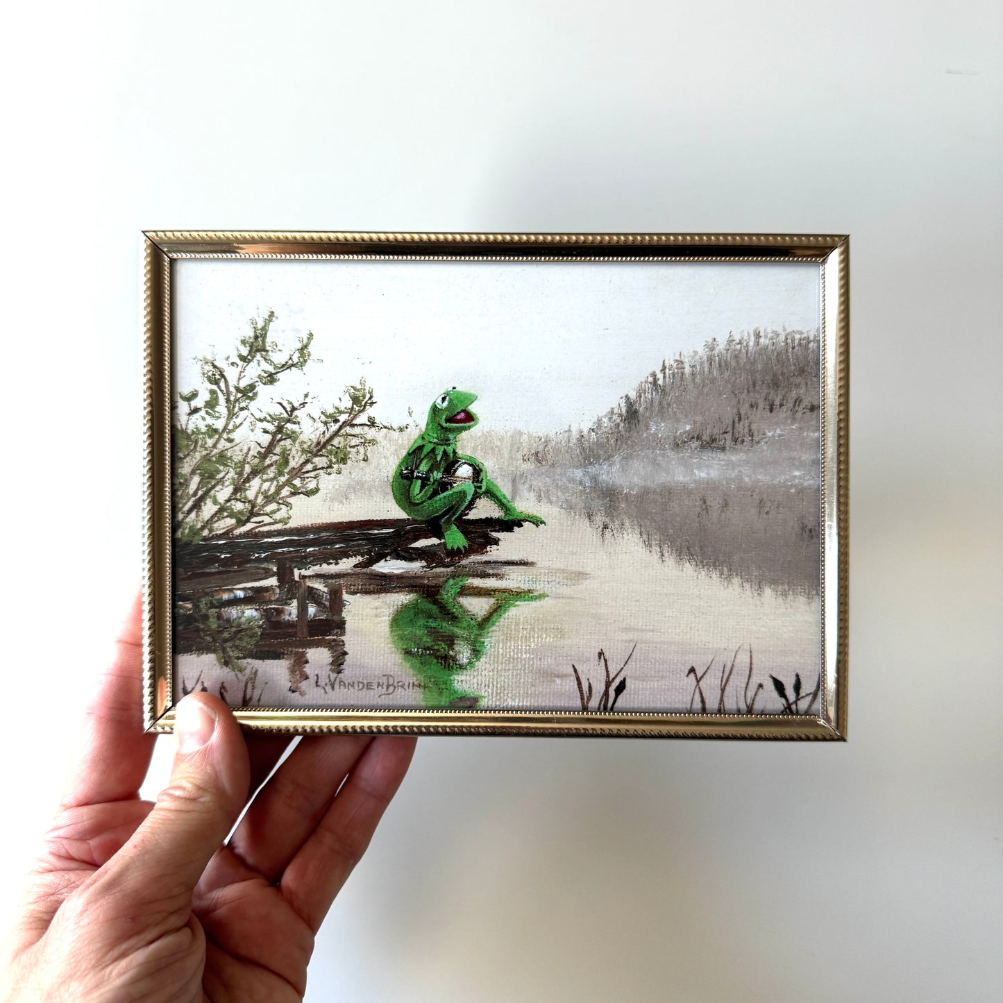 Frog On A Log  - PRINT 5x7 in brass frame