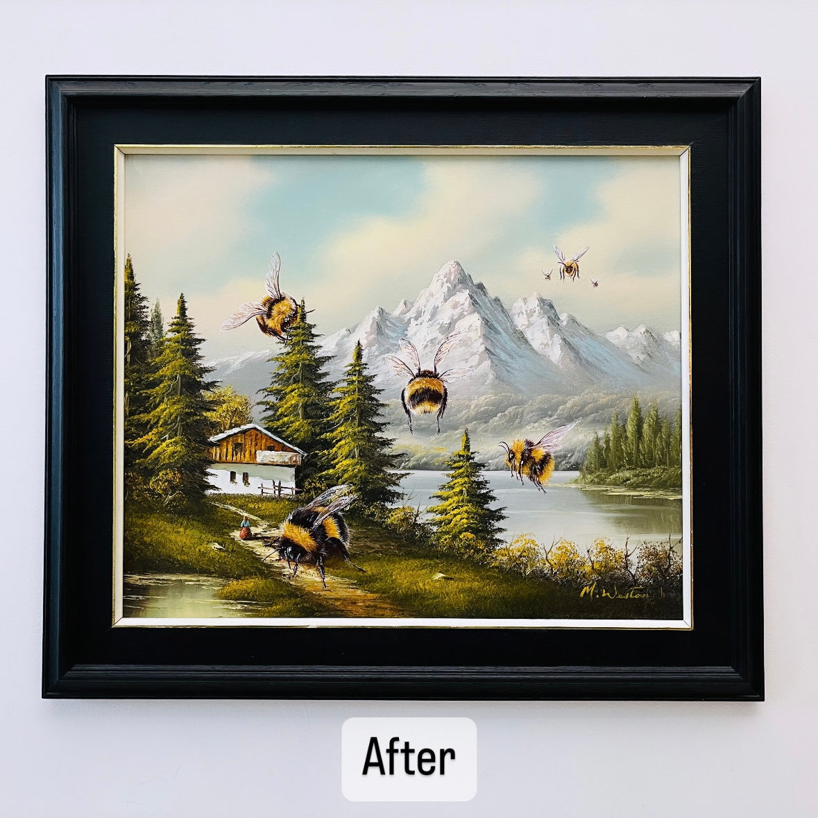 Bumblebee Cottage - upcycled vintage painting