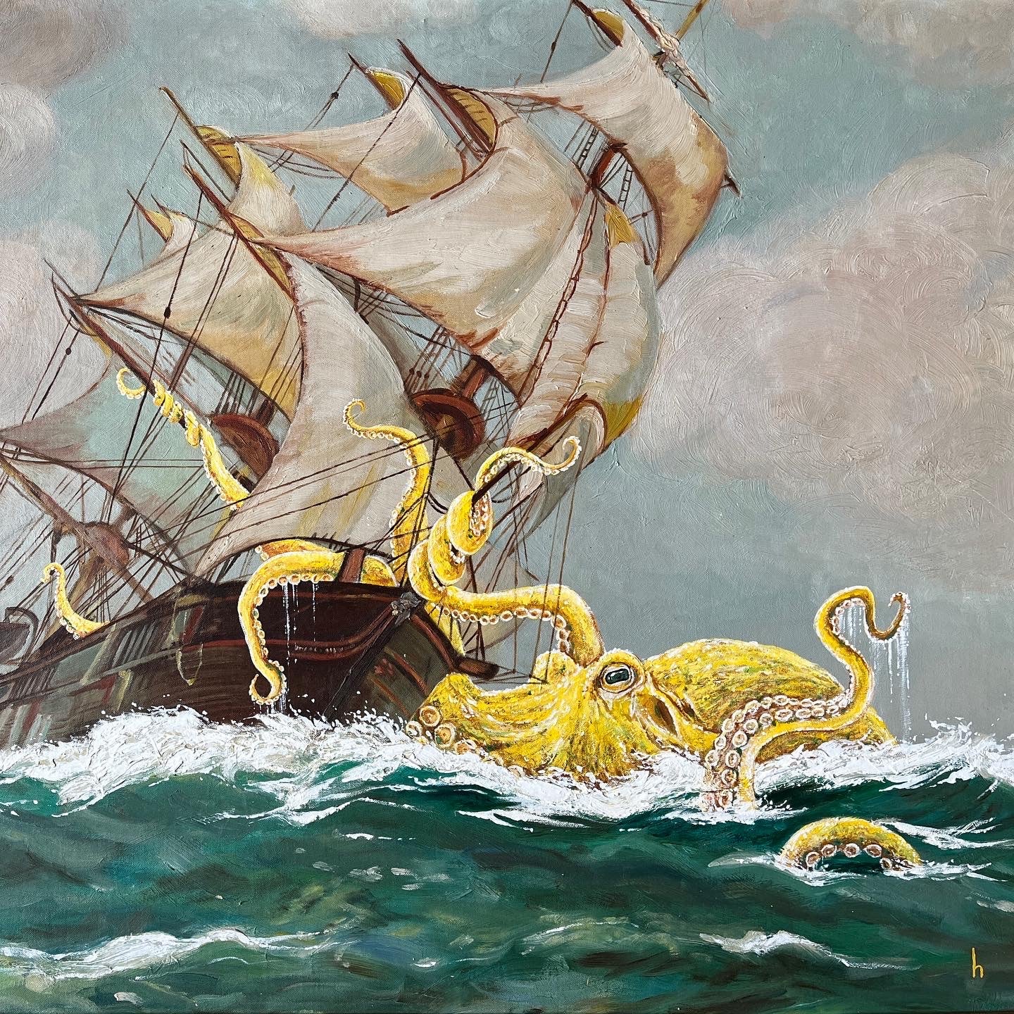 Octopus Vs Ship : Old Yeller, upcycled vintage painting