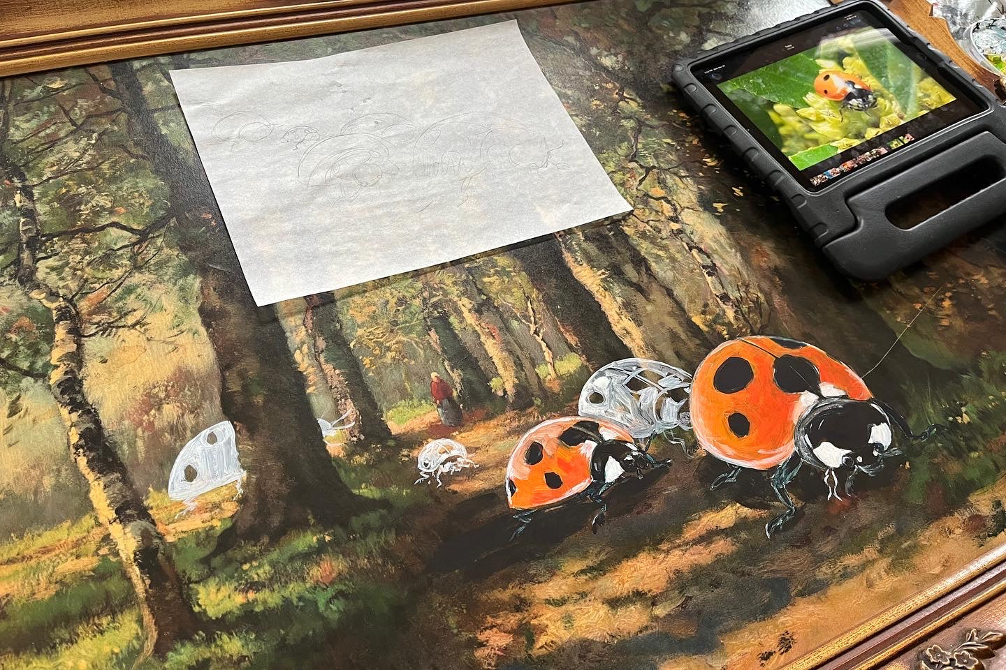 Ladybug Walk,  upcycled vintage painting