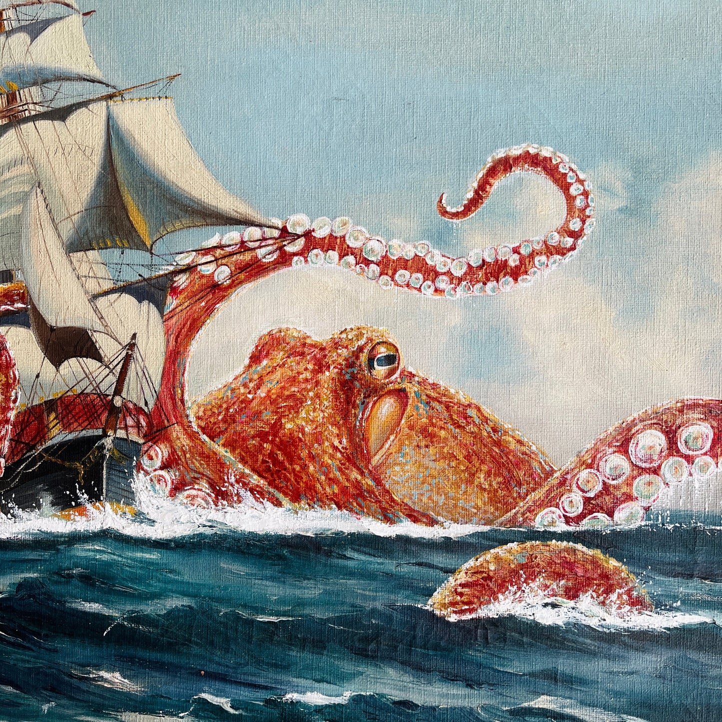 Octopus Vs The Harris, upcycled vintage painting