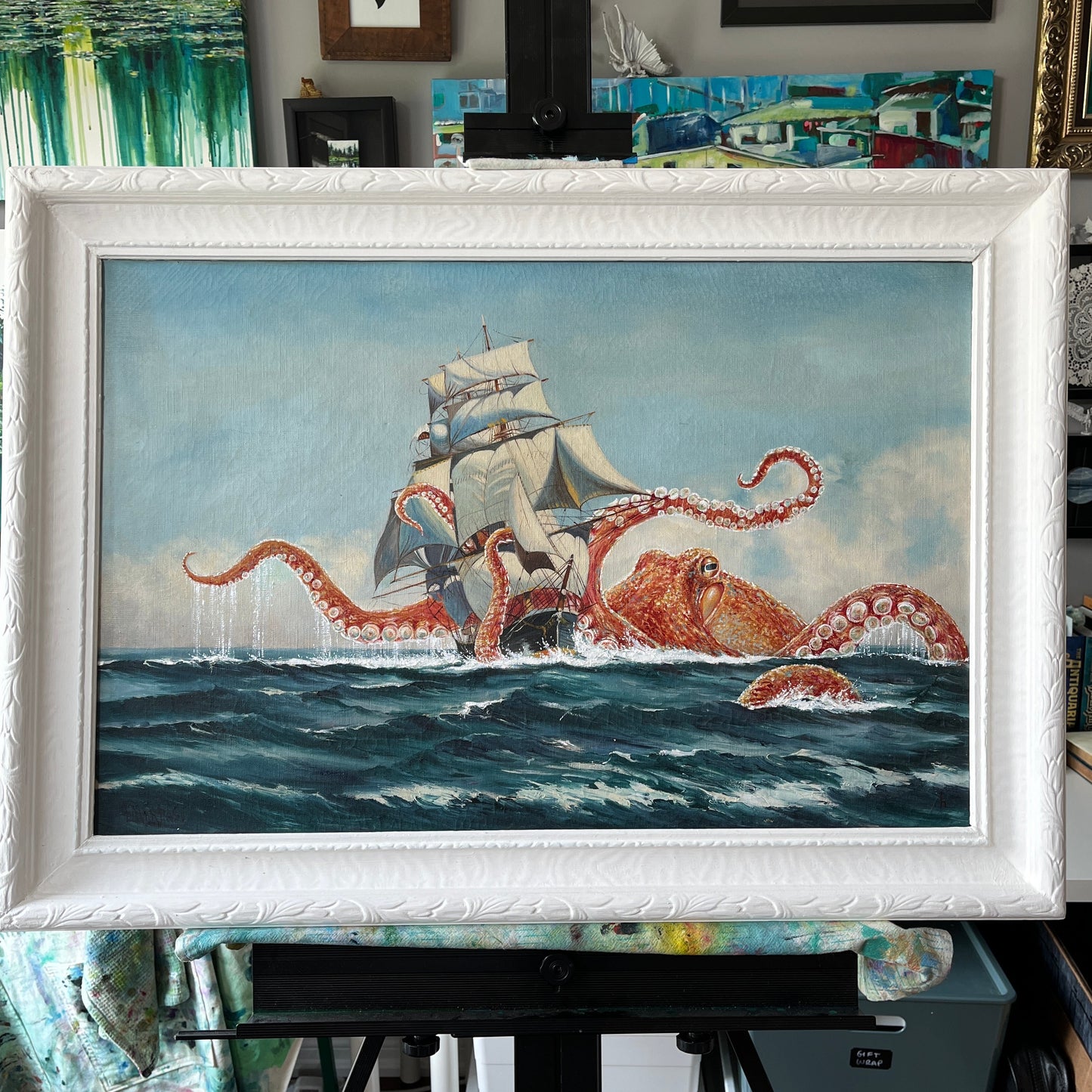 Octopus Vs The Harris, upcycled vintage painting