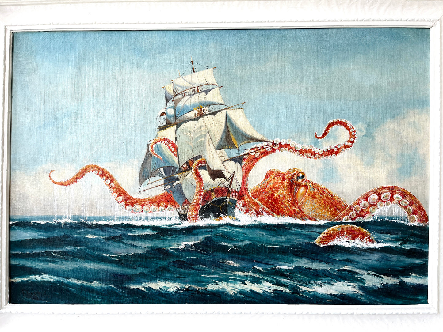 Octopus Vs The Harris, upcycled vintage painting