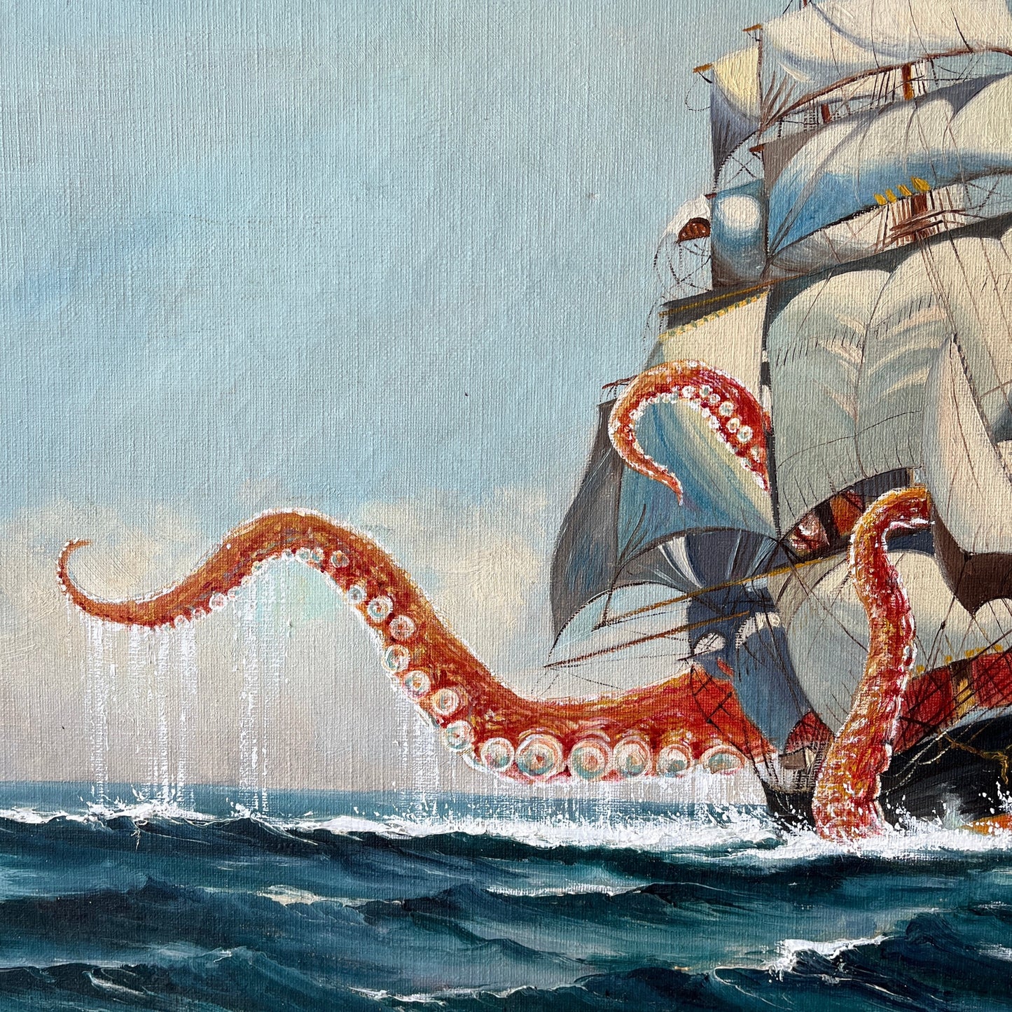 Octopus Vs The Harris, upcycled vintage painting