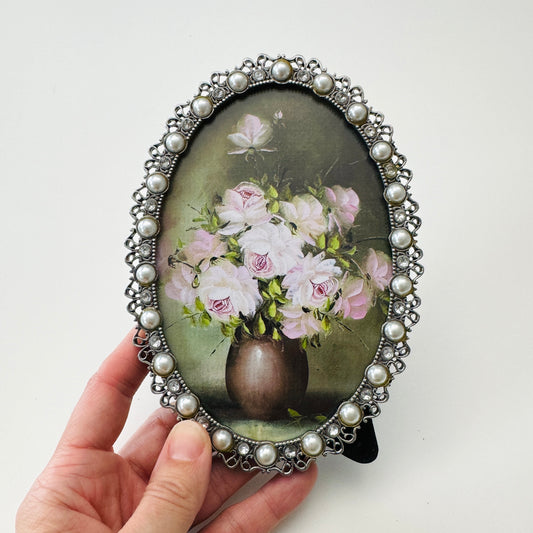 Snappy Floral - PRINT in vintage metal pearl embellished frame