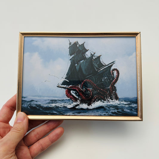 The Kraken Vs Ship - PRINT in vintage brass frame