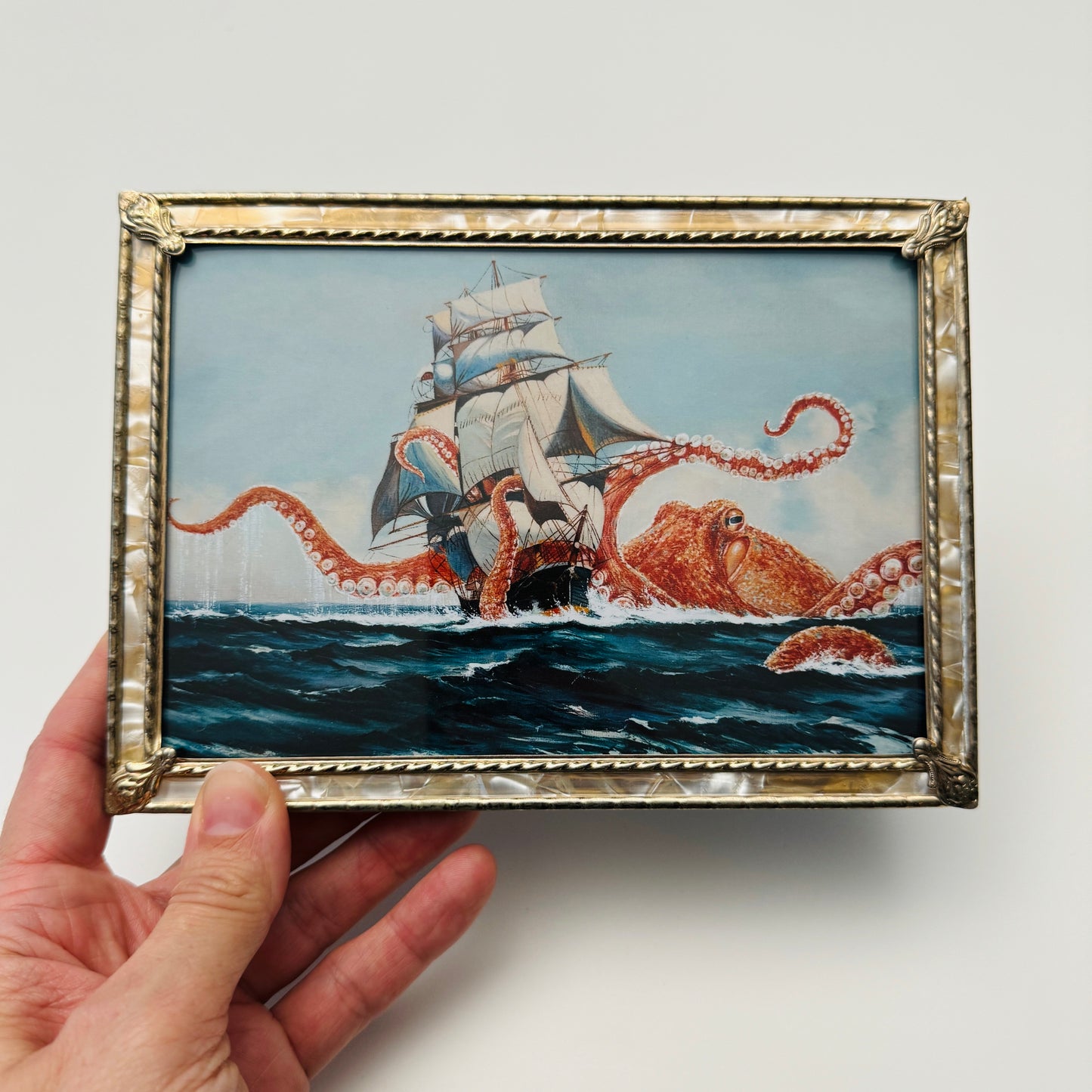 Octopus vs The Harris - PRINT in vintage brass frame