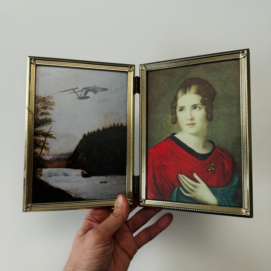 Boldly Go & Red Shirt Ensign Bonaparte - PRINT in Reclaimed Folding Portrait Frame, brass
