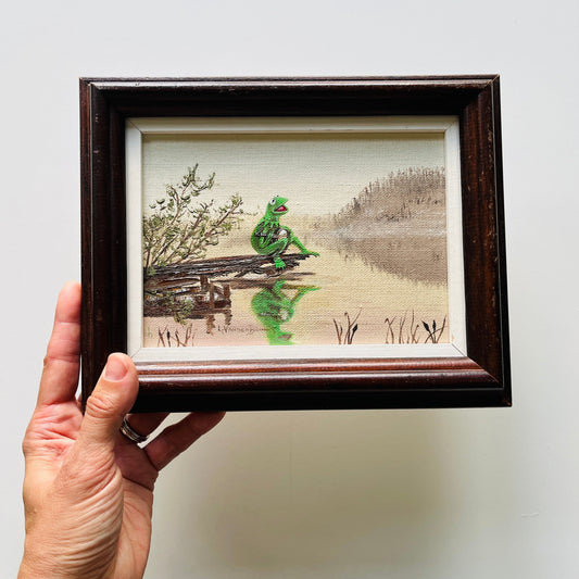 Frog On A Log in a Bog, upcycled vintage painting