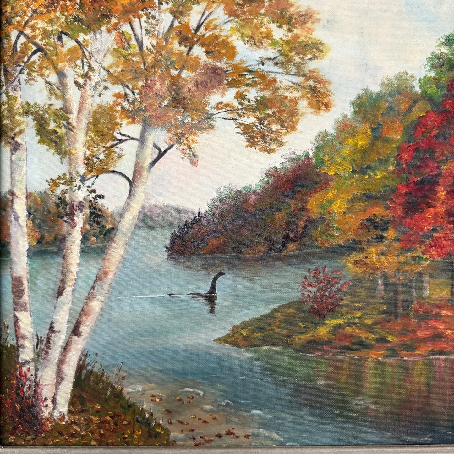 Nessie : Autumn Sighting, upcycled vintage painting