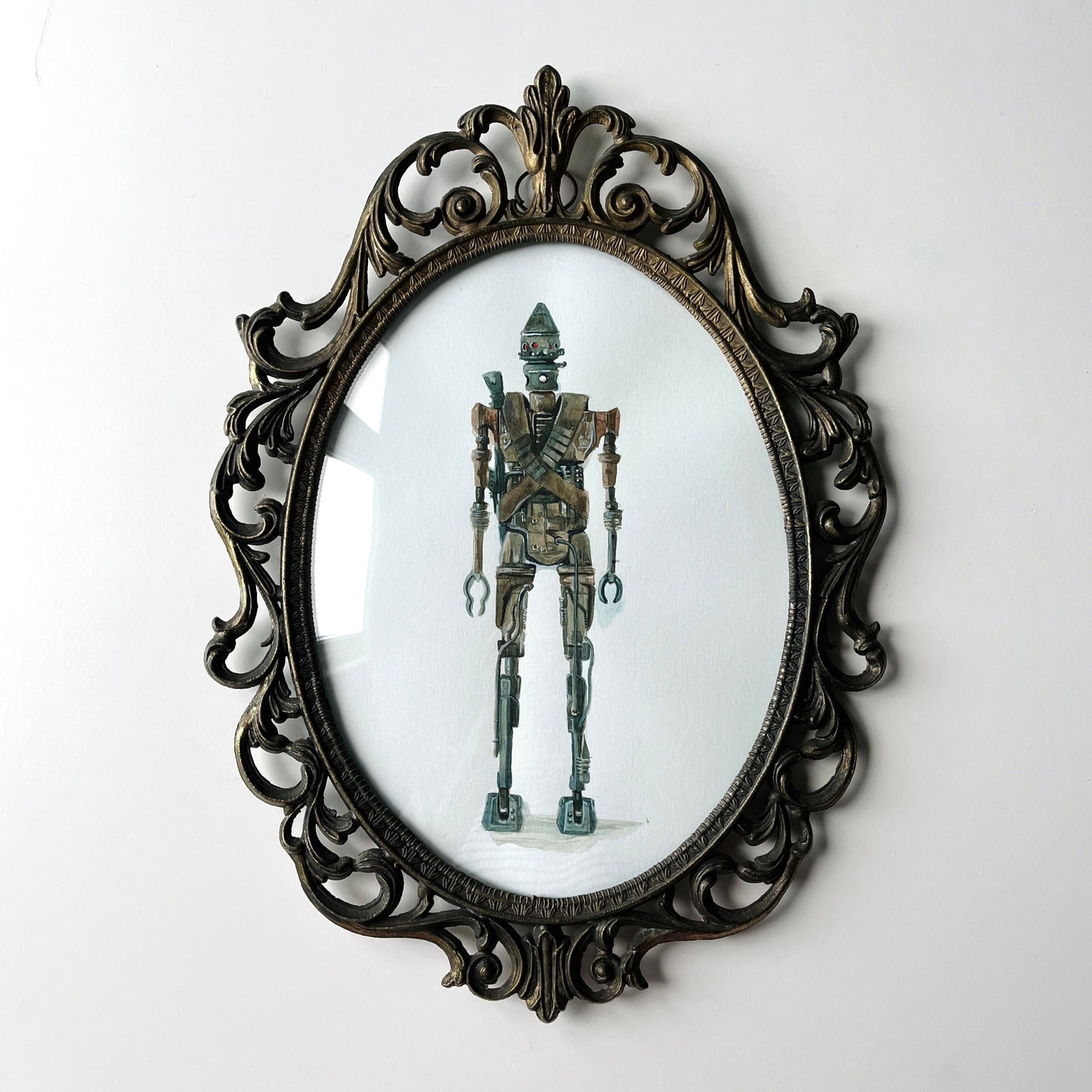 Portrait of a Droid : IG11, watercolour painting in vintage domed glass metal frame