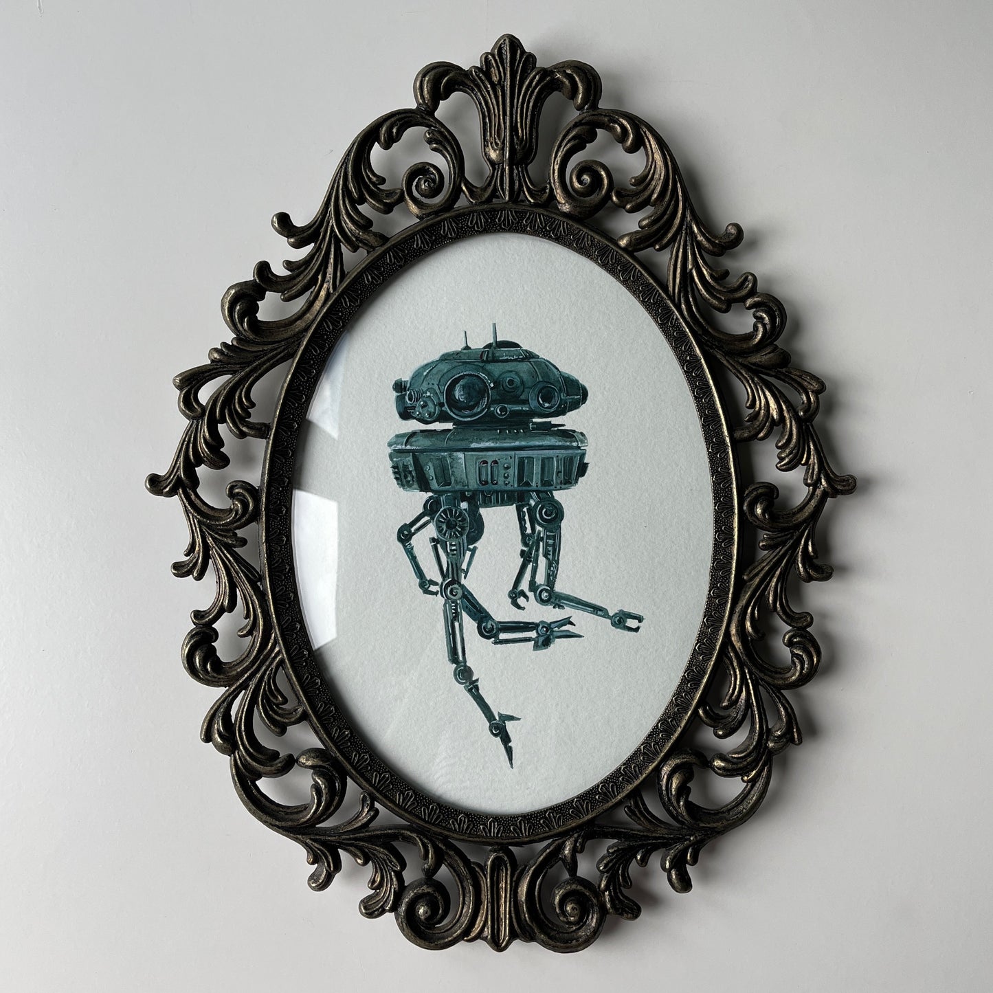 Portrait of a Droid : Probe Droid, watercolour painting in vintage domed glass metal frame