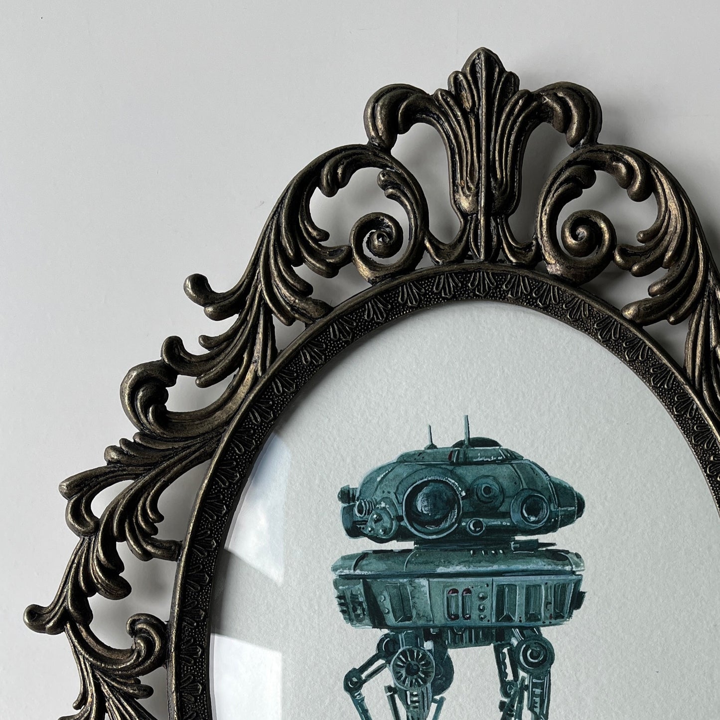 Portrait of a Droid : Probe Droid, watercolour painting in vintage domed glass metal frame