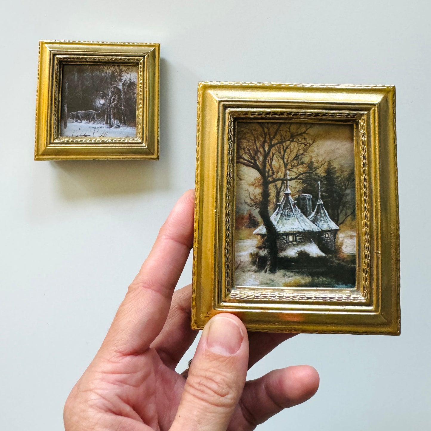 A Walk With Fang and Gamekeepers Hut - PRINT set in tiny gold frames OOAK Show