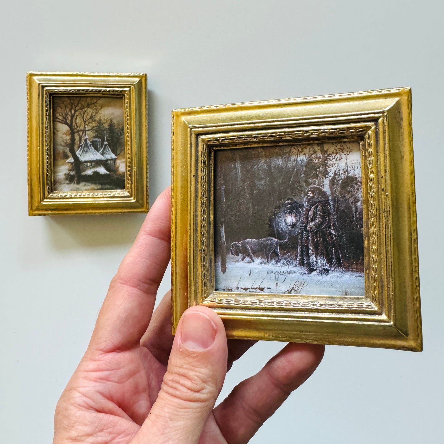 A Walk With Fang and Gamekeepers Hut - PRINT set in tiny gold frames OOAK Show