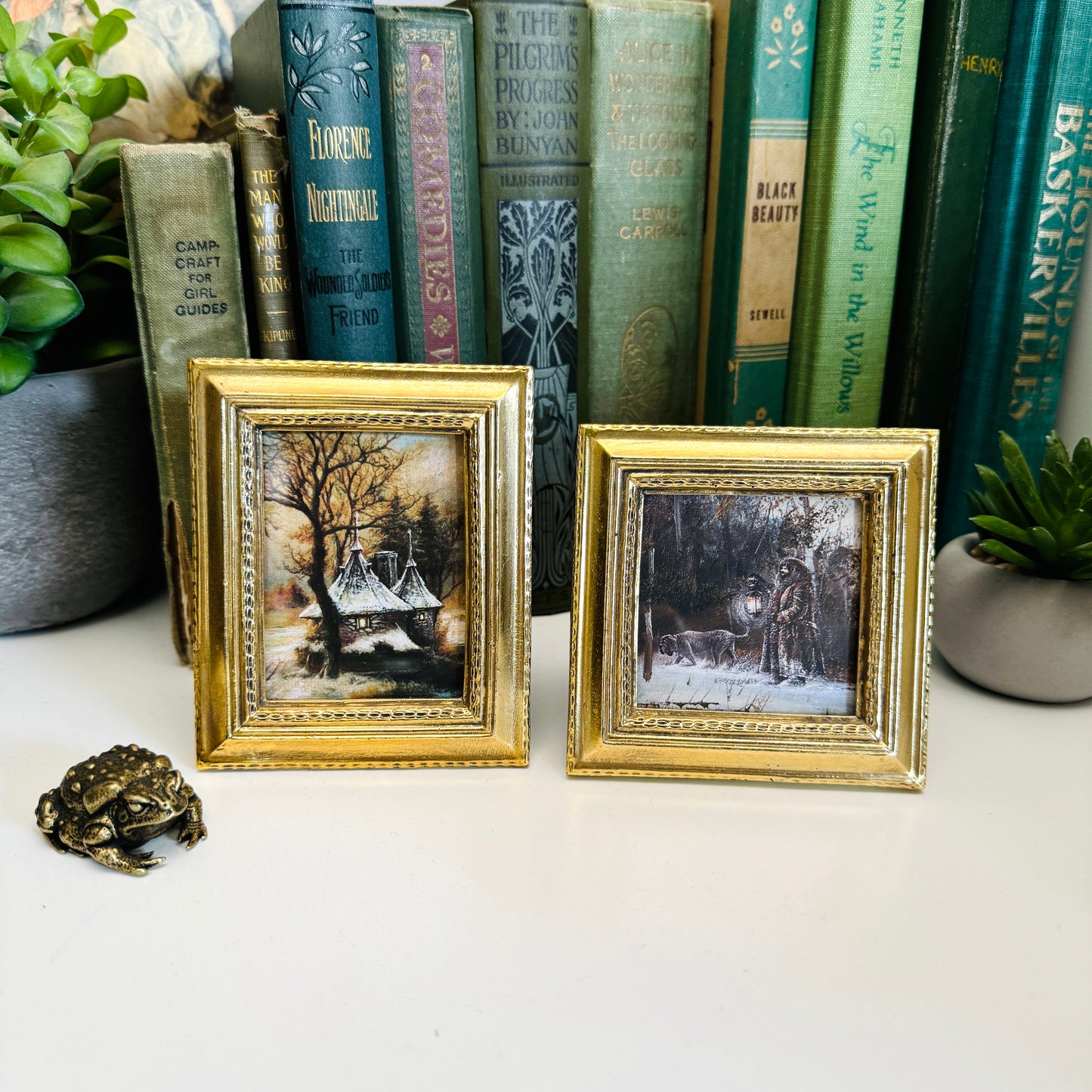 A Walk With Fang and Gamekeepers Hut - PRINT set in tiny gold frames OOAK Show