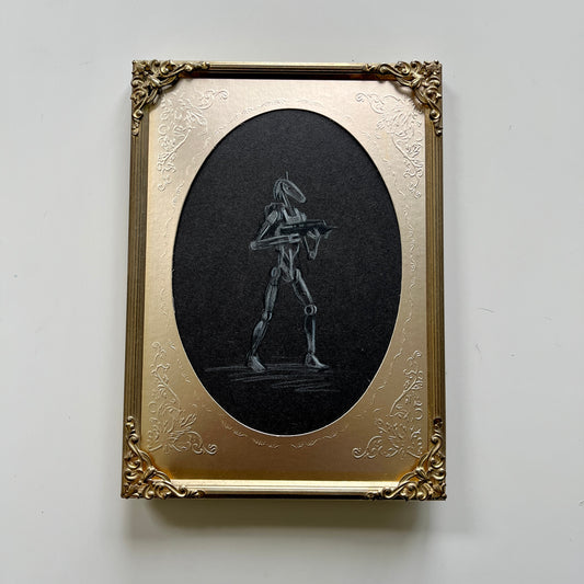 Portrait of a Droid : RO-GR Droid,  pencil drawing on antique paper, in vintage frame