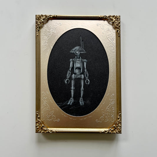 Portrait of a Droid : D-um Droid,  pencil drawing on antique paper, in vintage frame