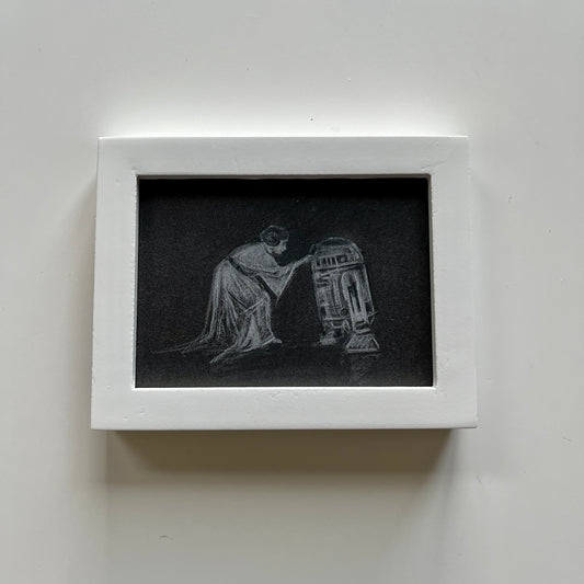 Portrait of a Droid : Leia & R2-D2,  pencil drawing on antique paper, in vintage frame